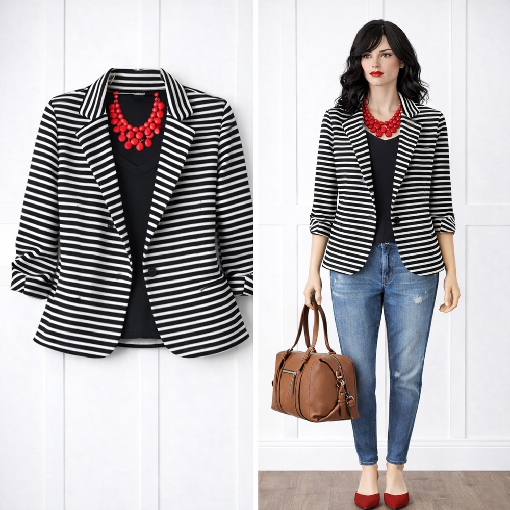 Soho Apparel Black and White Striped Blazer